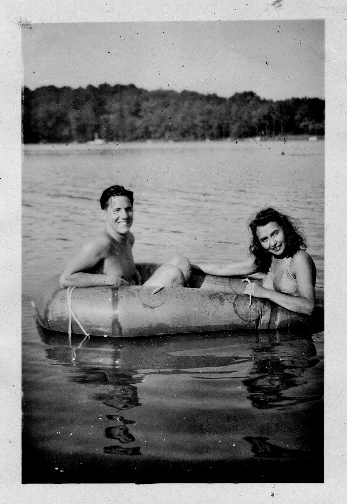 Gene and Jackie in a raft on the lake